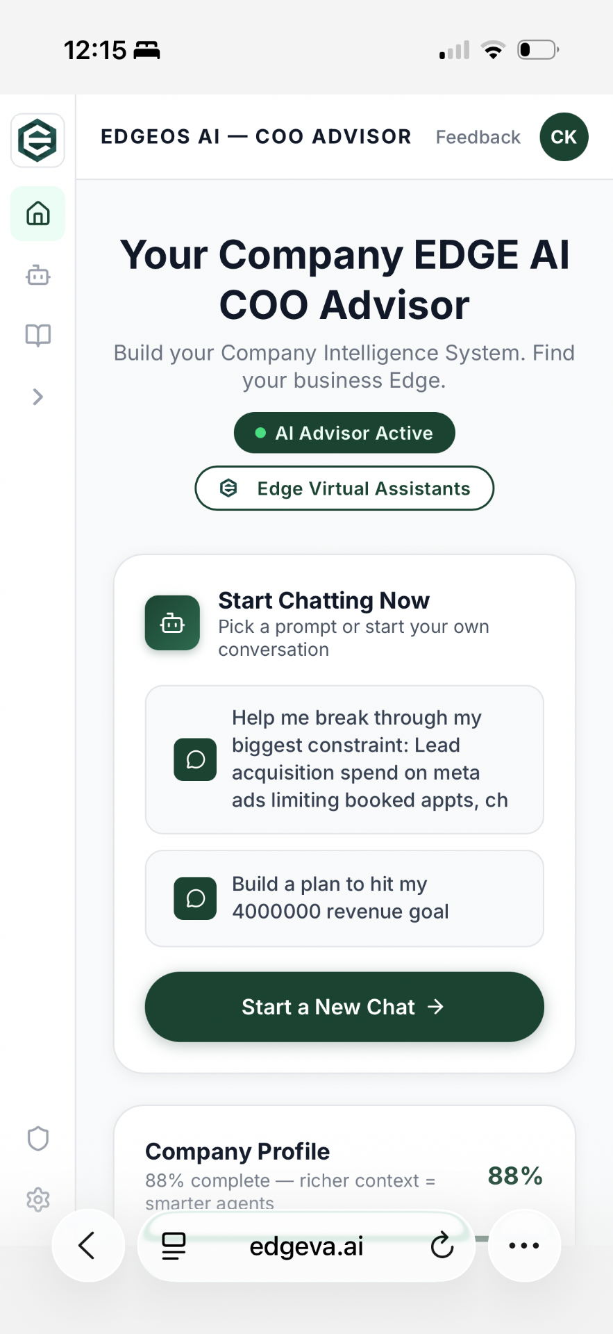 EdgeOS AI COO Advisor home screen